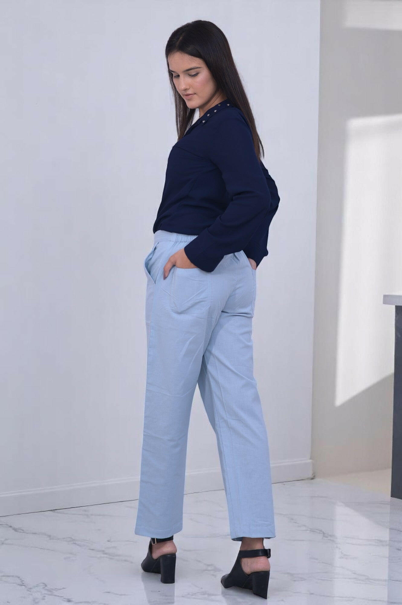 English Blue Cozy Linen Wide Leg Pants.