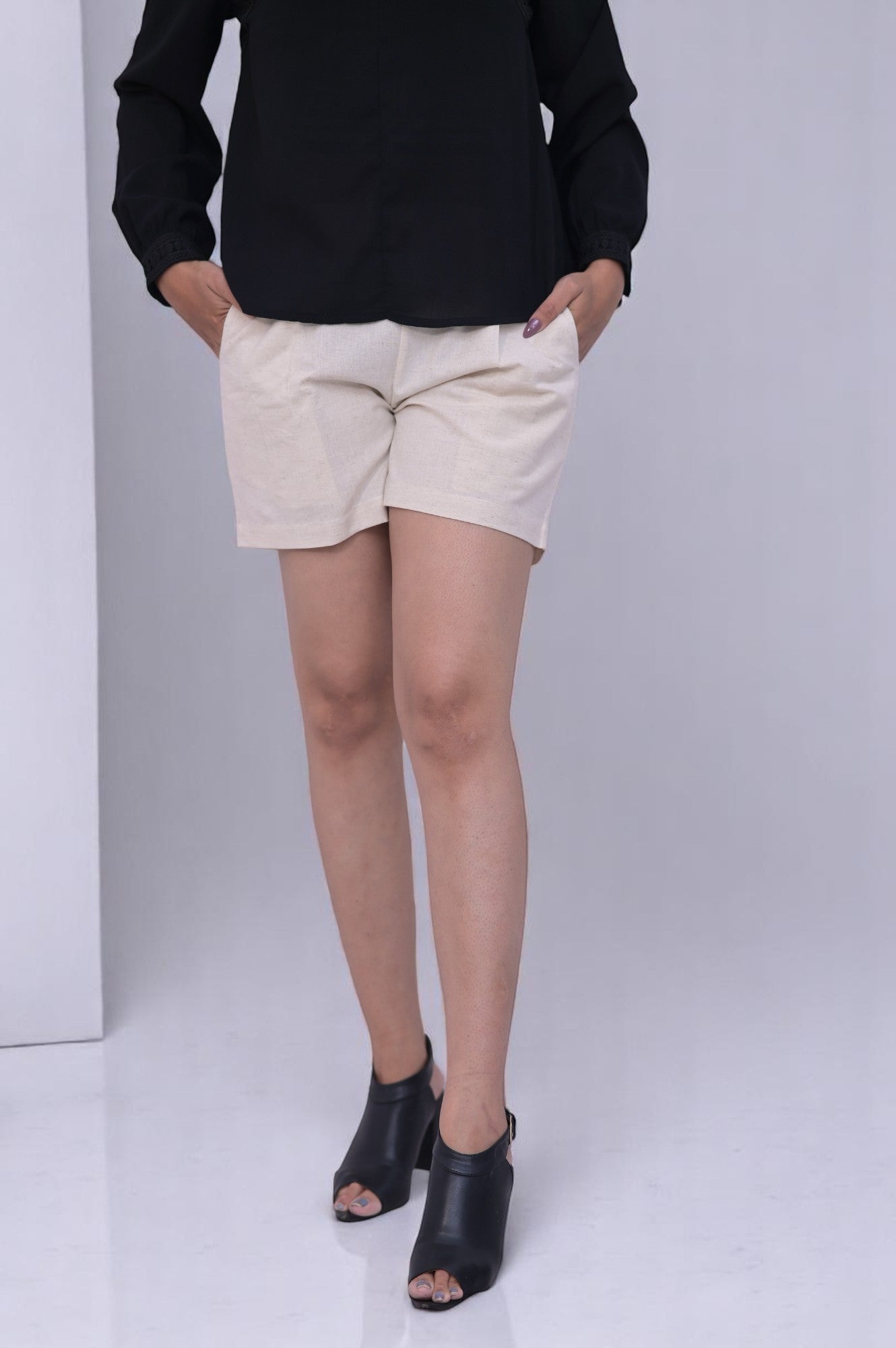 Beige Cozy Linen Shorts.