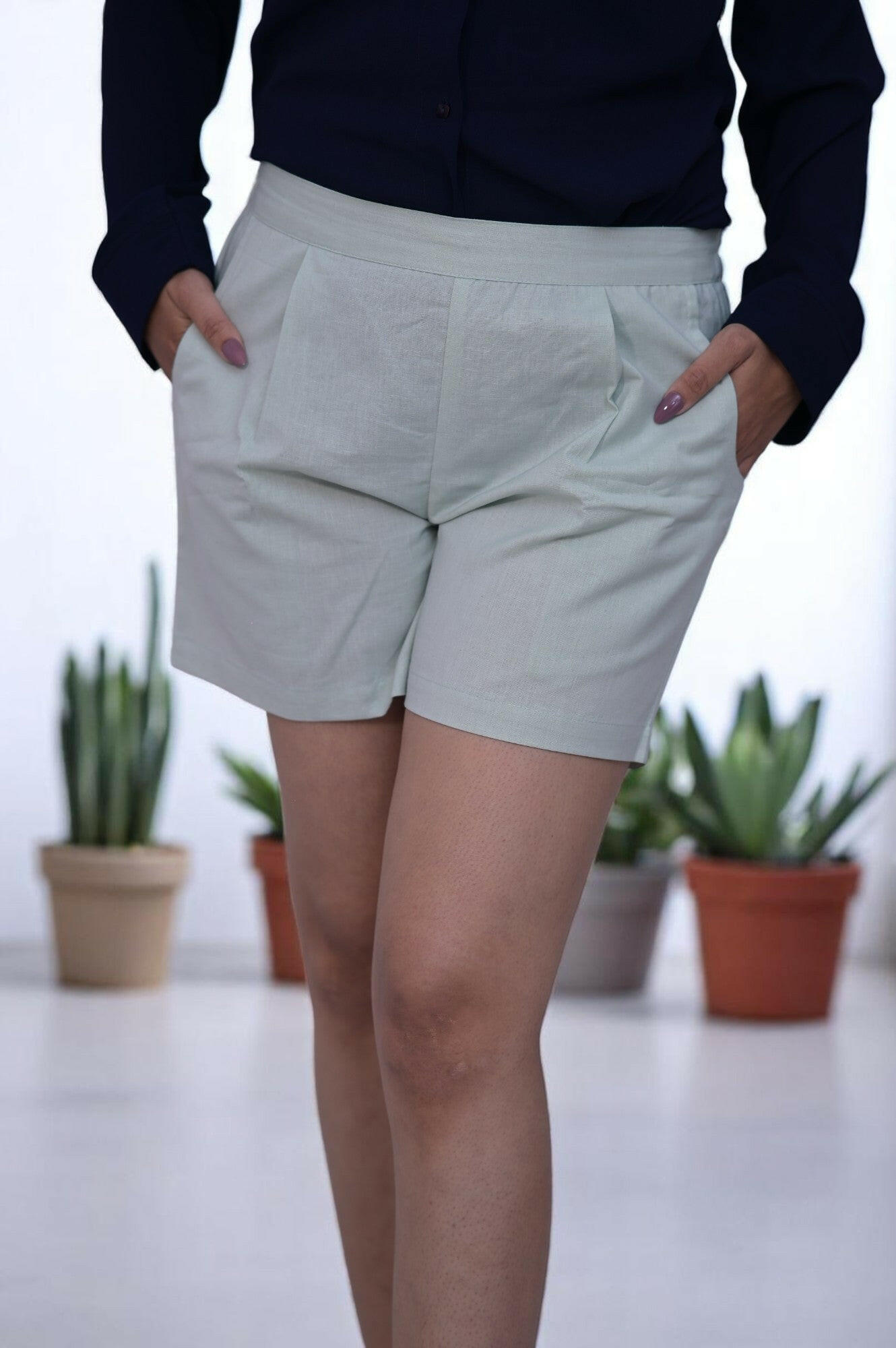 Mint Green Cozy Linen Shorts.