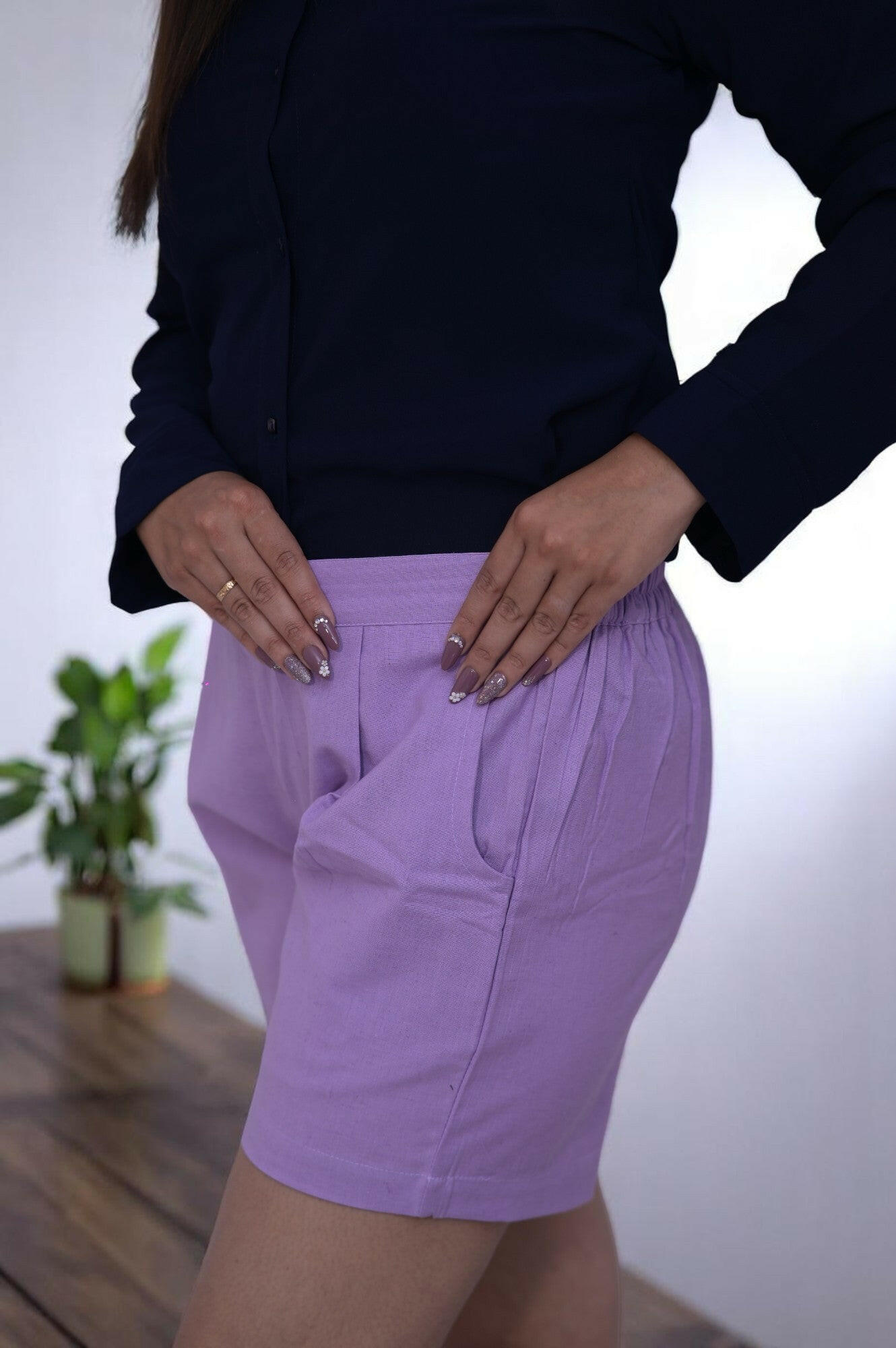 Lilac Cozy Linen Shorts.