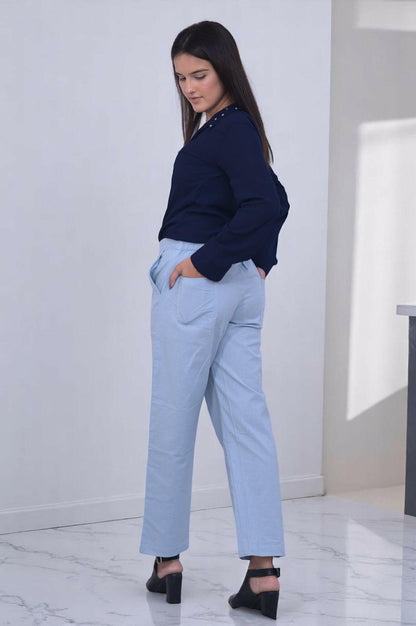 English Blue Cozy Linen Wide Leg Pants.