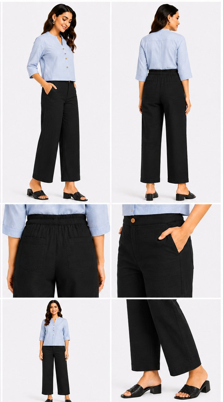 BLACK AIRY LINEN WIDE LEG PANT