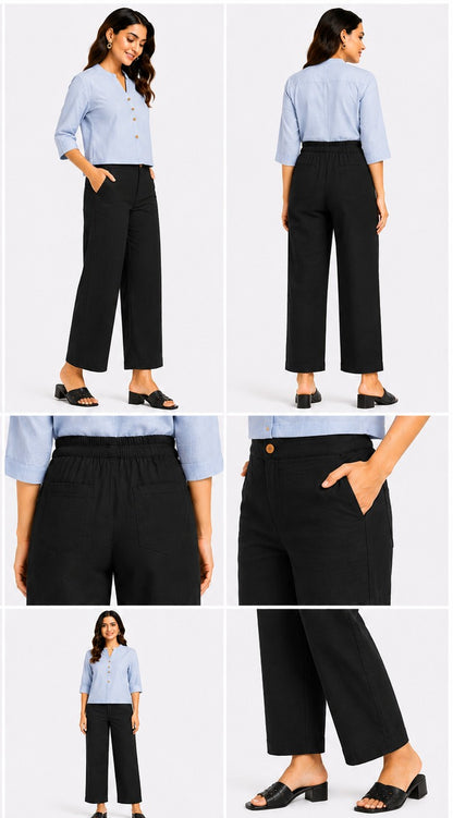 BLACK AIRY LINEN WIDE LEG PANT