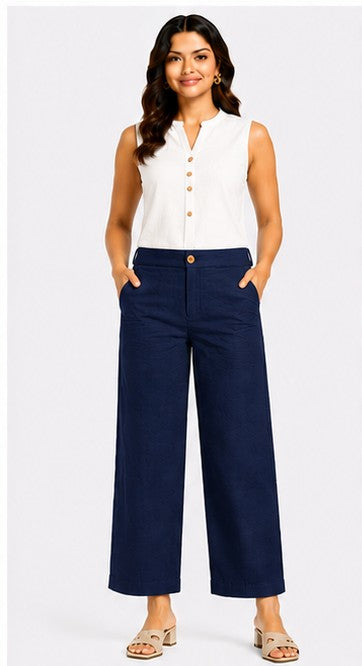 NAVY BLUE AIRY LINEN WIDE LEG PANT