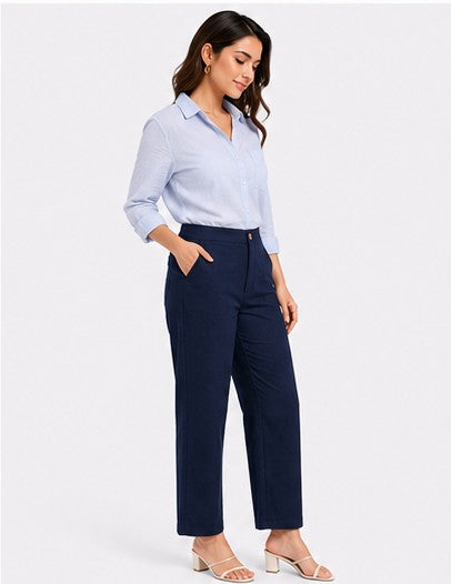 NAVY BLUE AIRY LINEN WIDE LEG PANT
