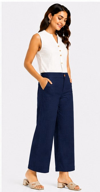 NAVY BLUE AIRY LINEN WIDE LEG PANT