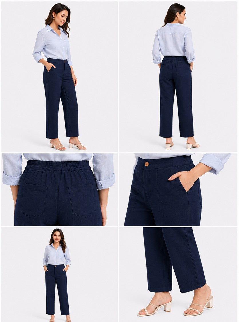 NAVY BLUE AIRY LINEN WIDE LEG PANT