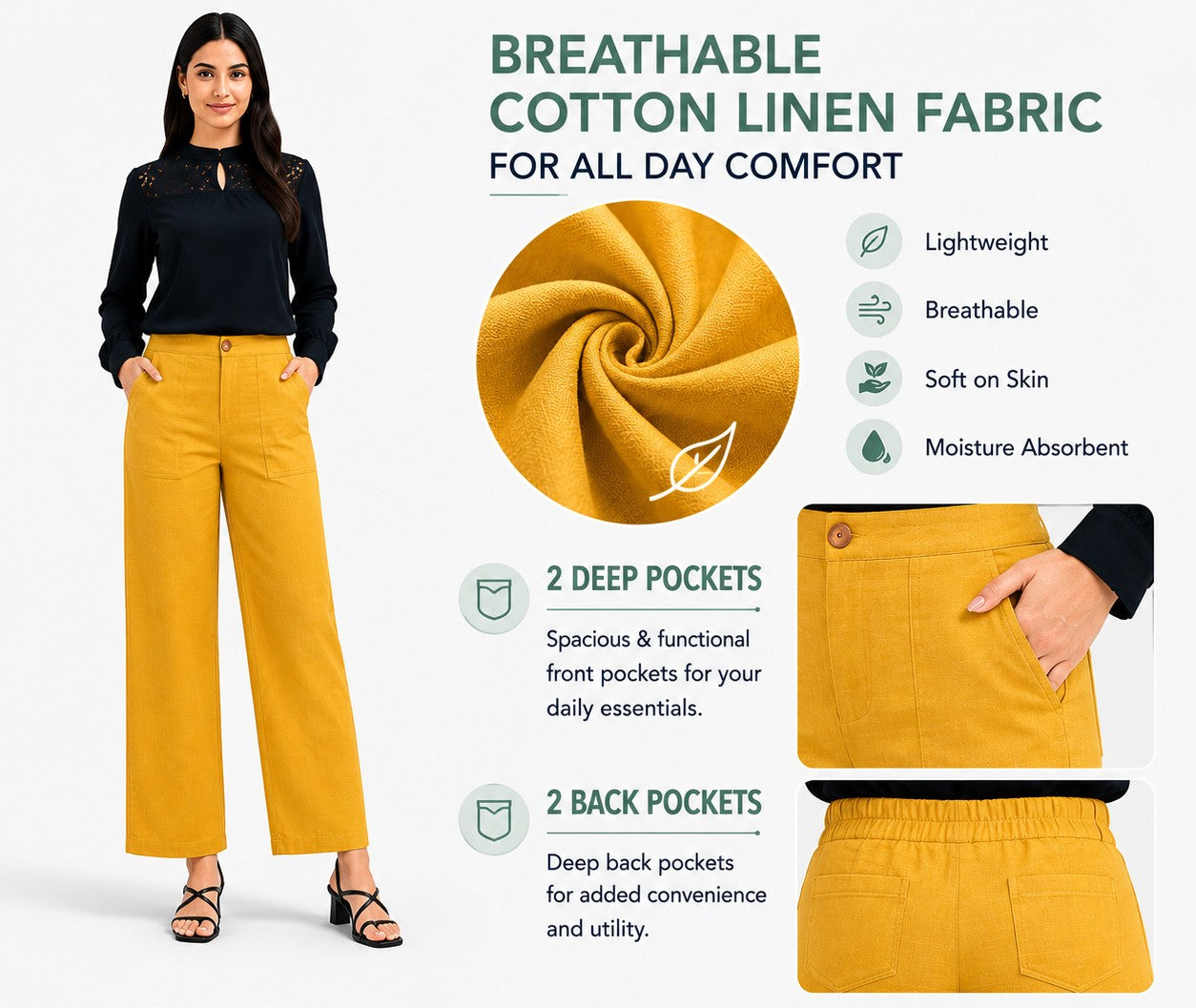 YELLOW AIRY LINEN WIDE LEG PANT
